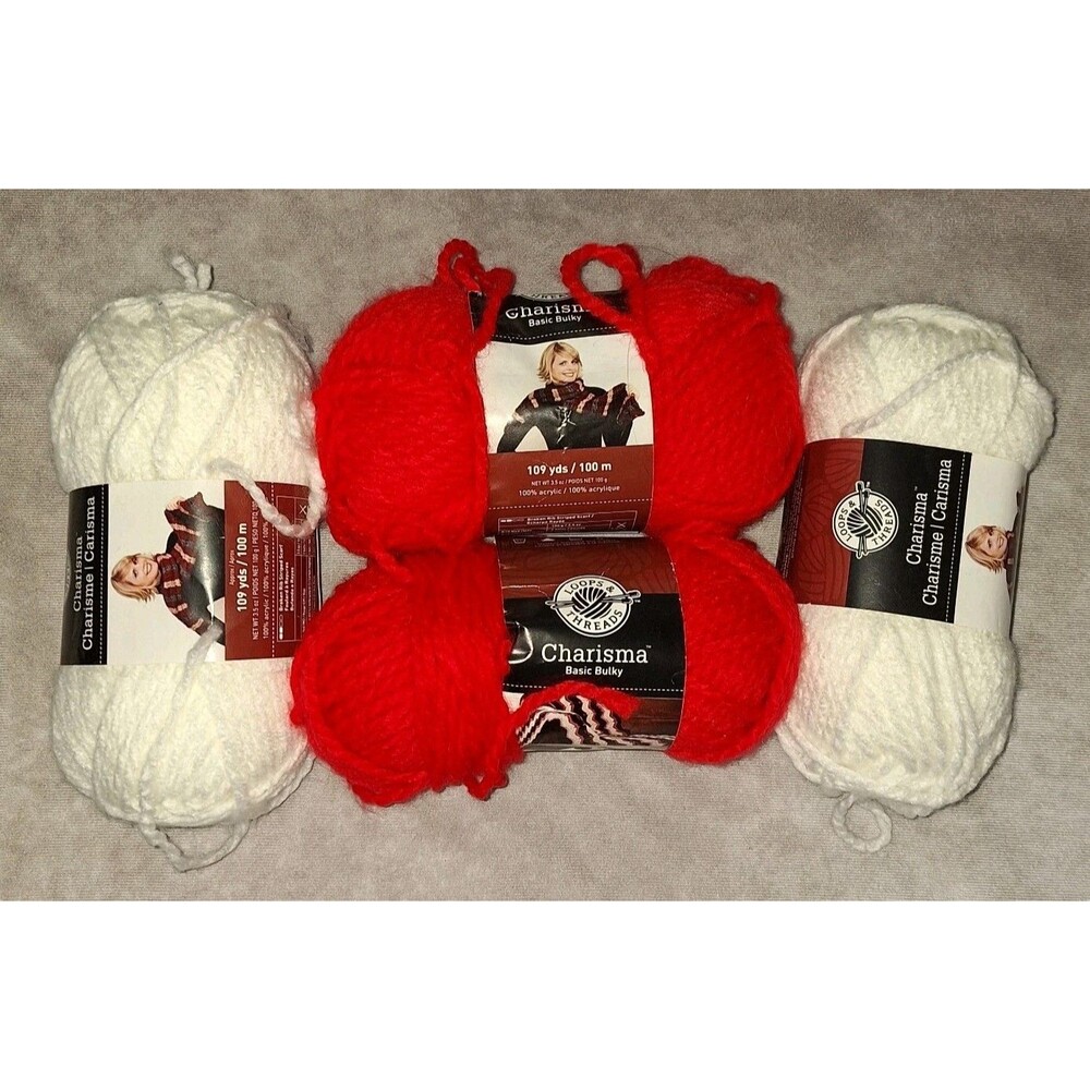 Lot Of 4 Loops & Threads Charisma Yarn True Red And White Acrylic 5 ply Bulky